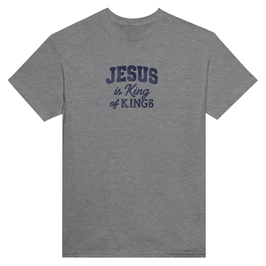 Gray t-shirt with 'Jesus is King of Kings' text on a white background