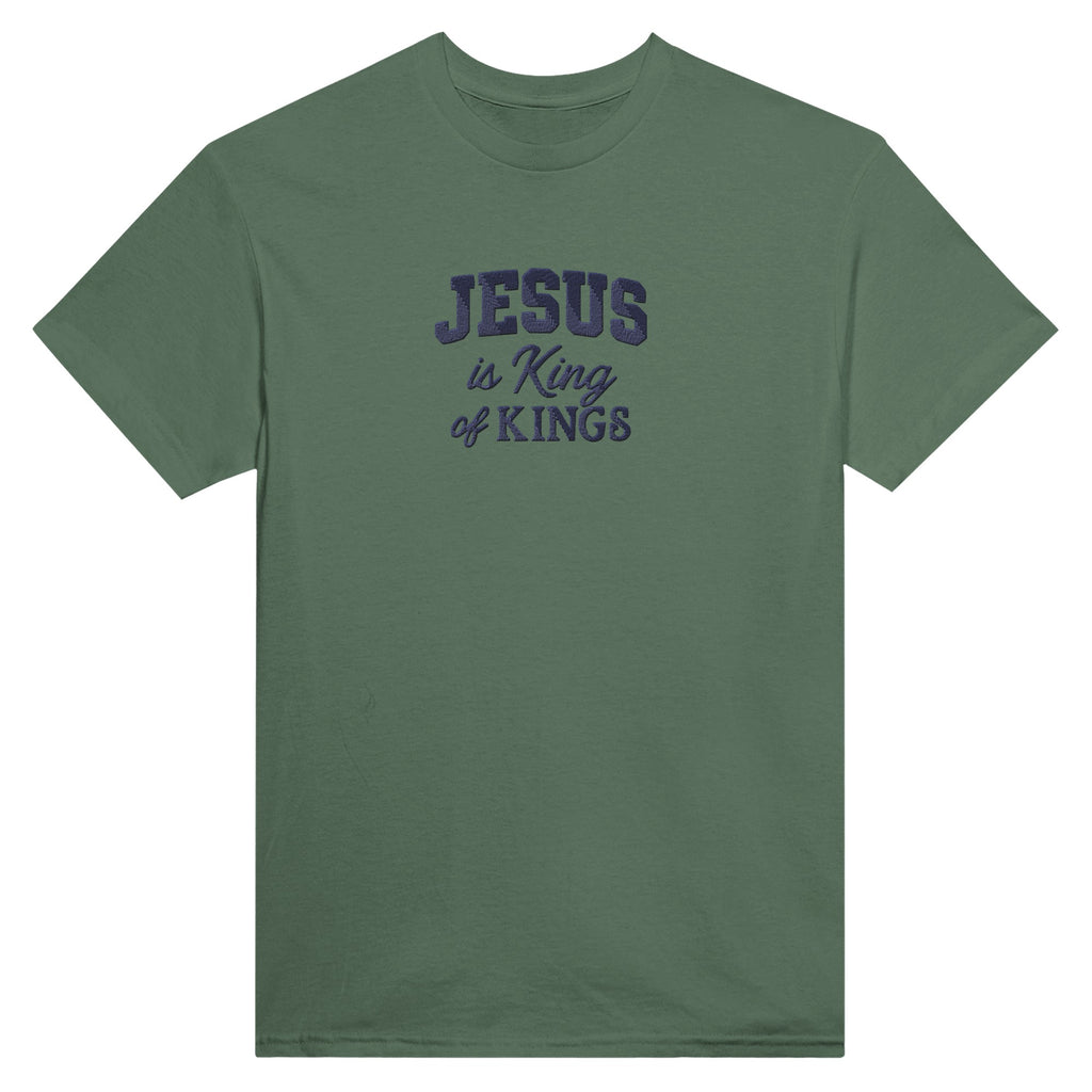 Green t-shirt with 'Jesus is King of Kings' text on a white background