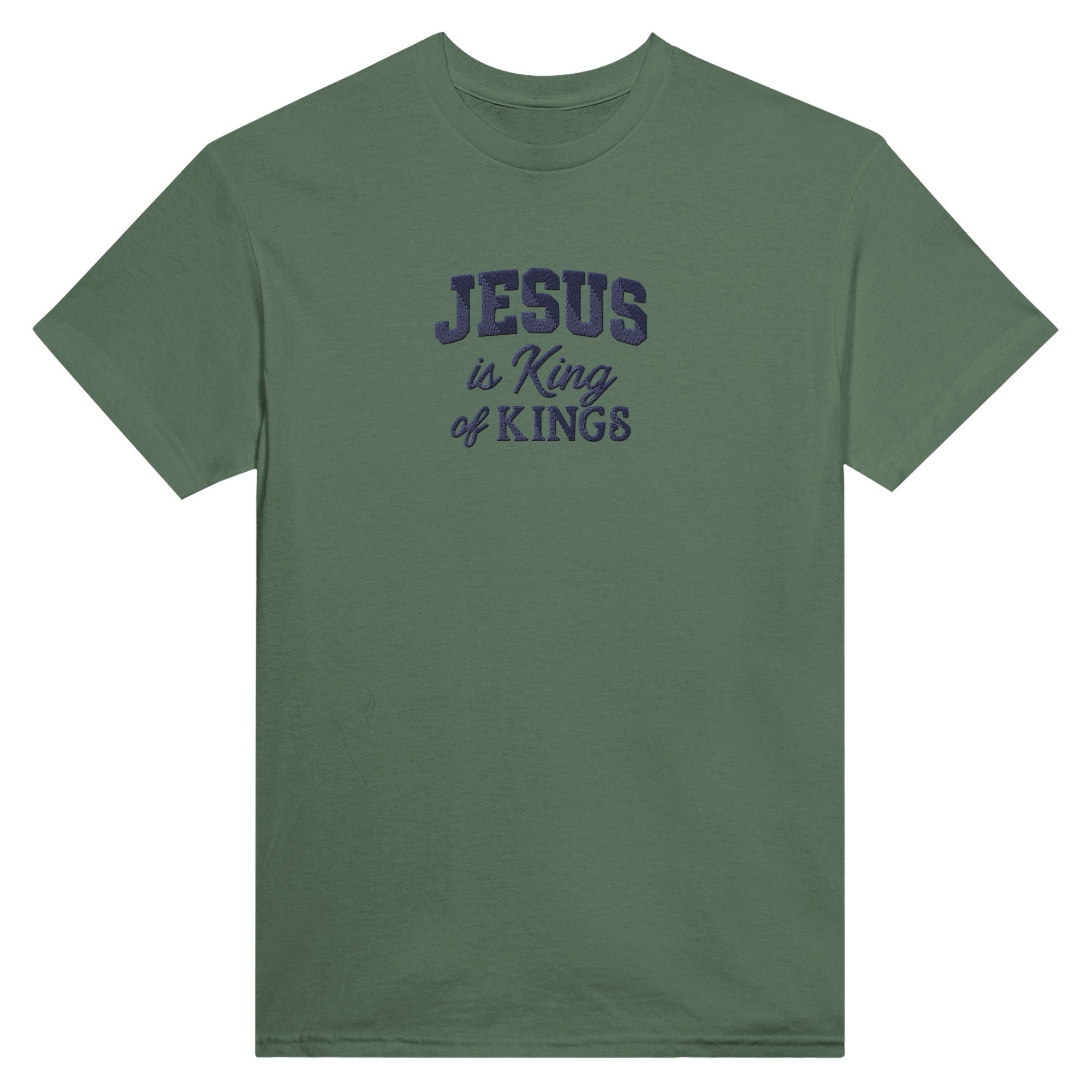 Green t-shirt with 'Jesus is King of Kings' text on a white background
