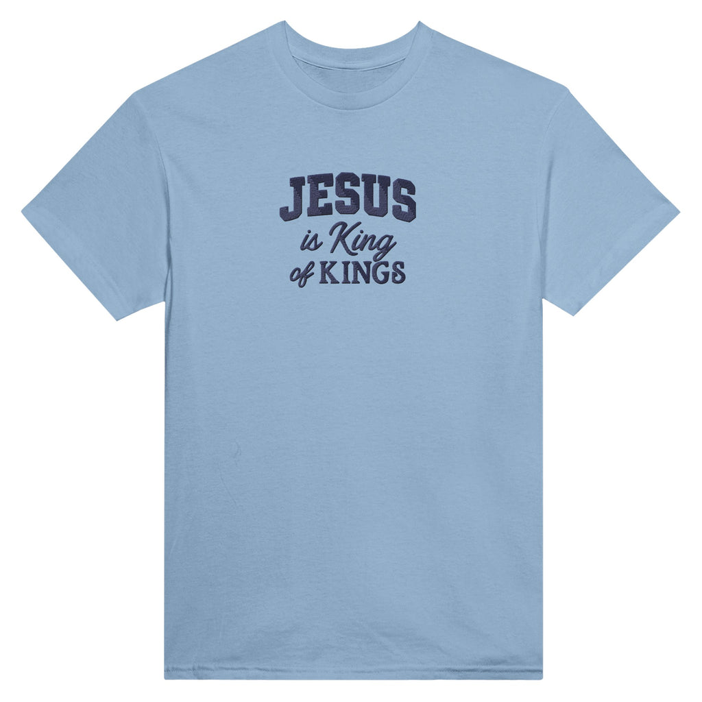 Light blue t-shirt with 'Jesus is King of Kings' text on a white background