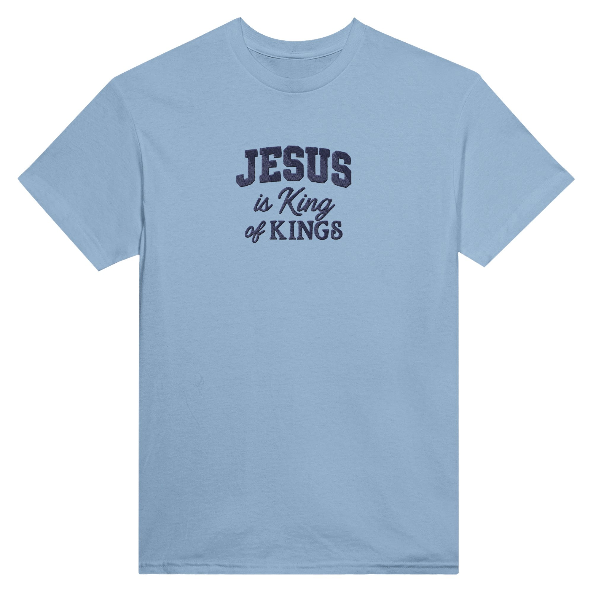 Light blue t-shirt with 'Jesus is King of Kings' text on a white background