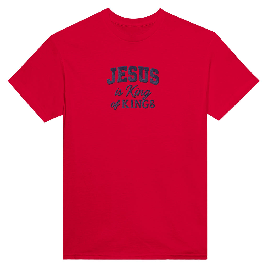 Red t-shirt with 'Jesus is King of Kings' text on a white background