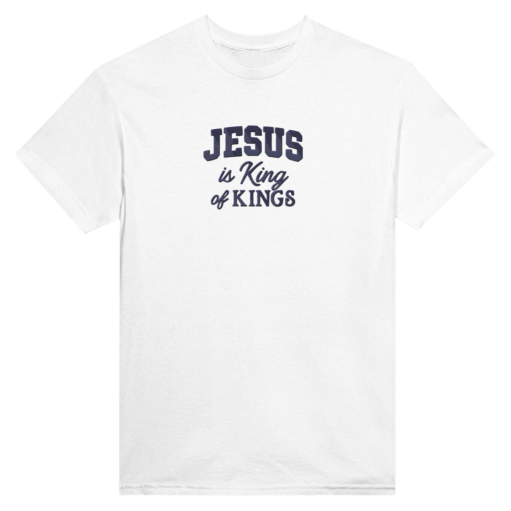 White t-shirt with 'Jesus is King of Kings' text on a white background
