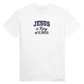 White t-shirt with 'Jesus is King of Kings' text on a white background