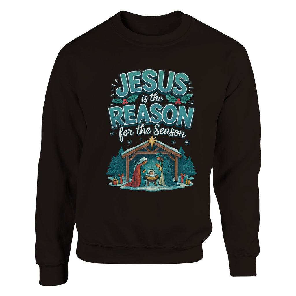 Black sweatshirt with Christmas design and text on a white background