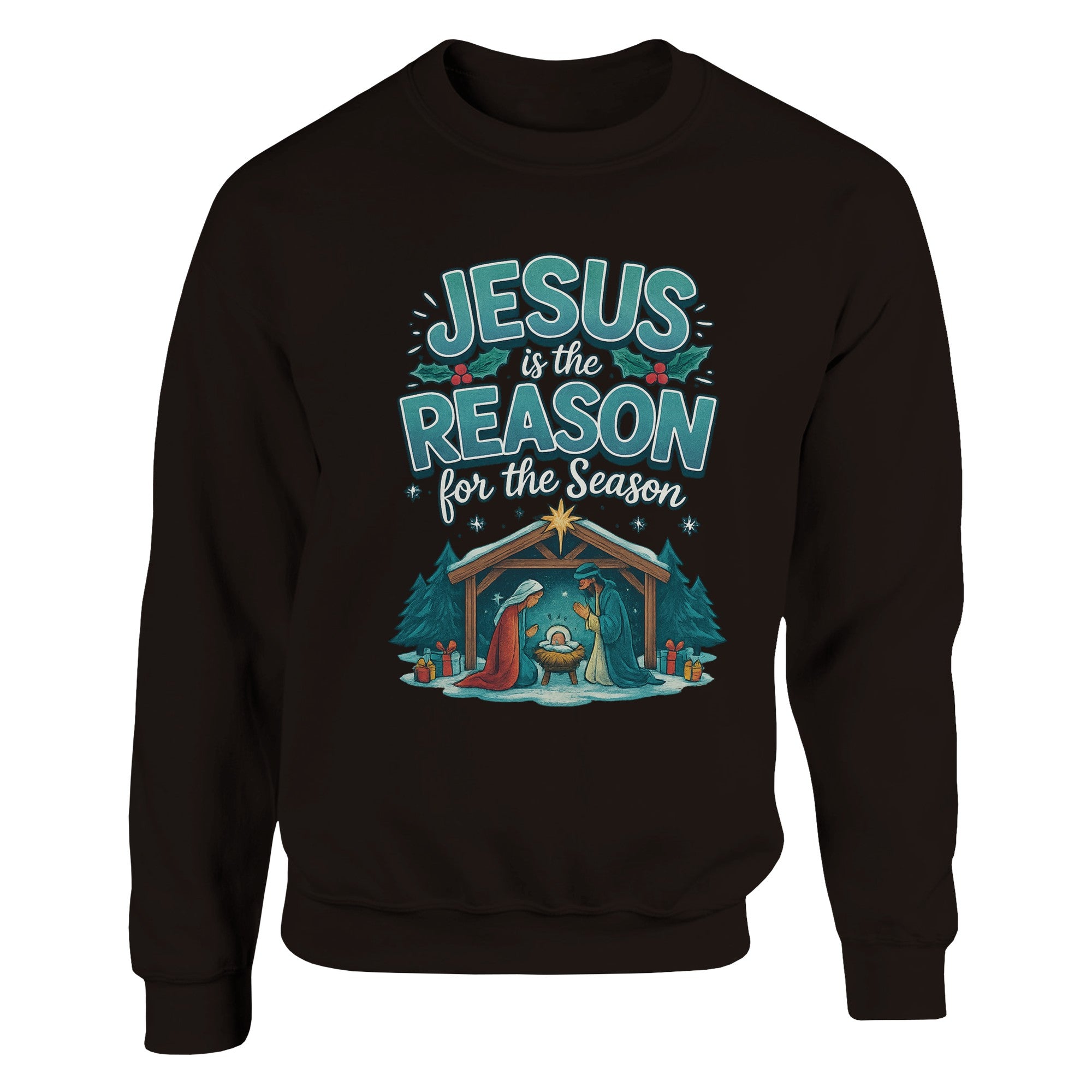 Black sweatshirt with Christmas design and text on a white background
