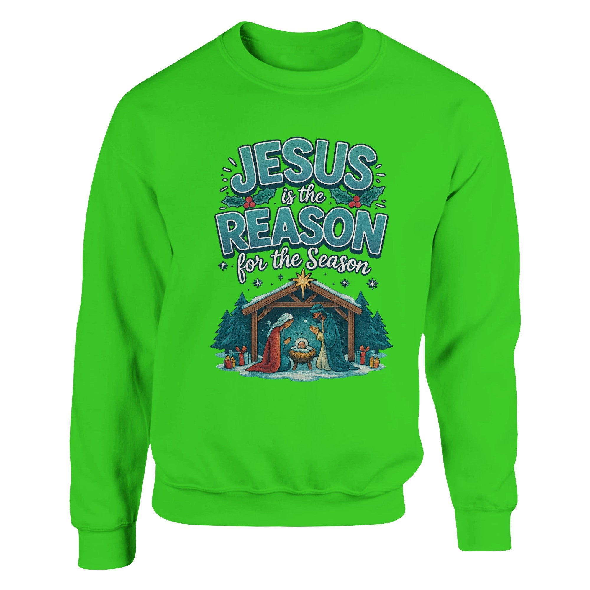 Green sweatshirt with Christmas design and text on a white background