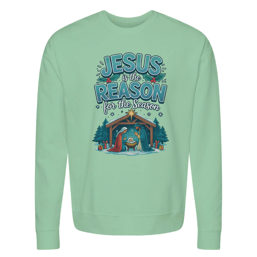 Light green sweatshirt with Christmas design and text on a white background