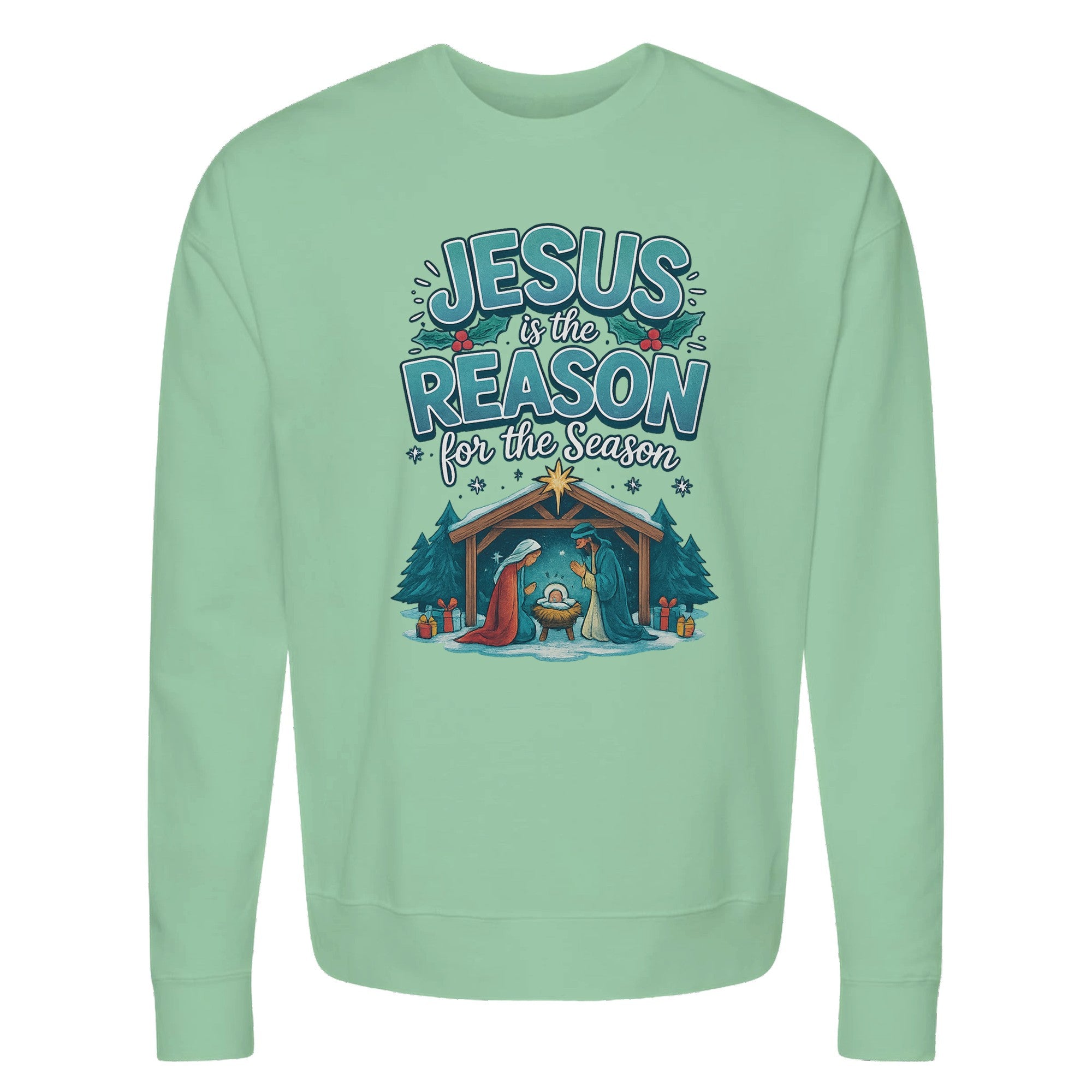 Light green sweatshirt with Christmas design and text on a white background