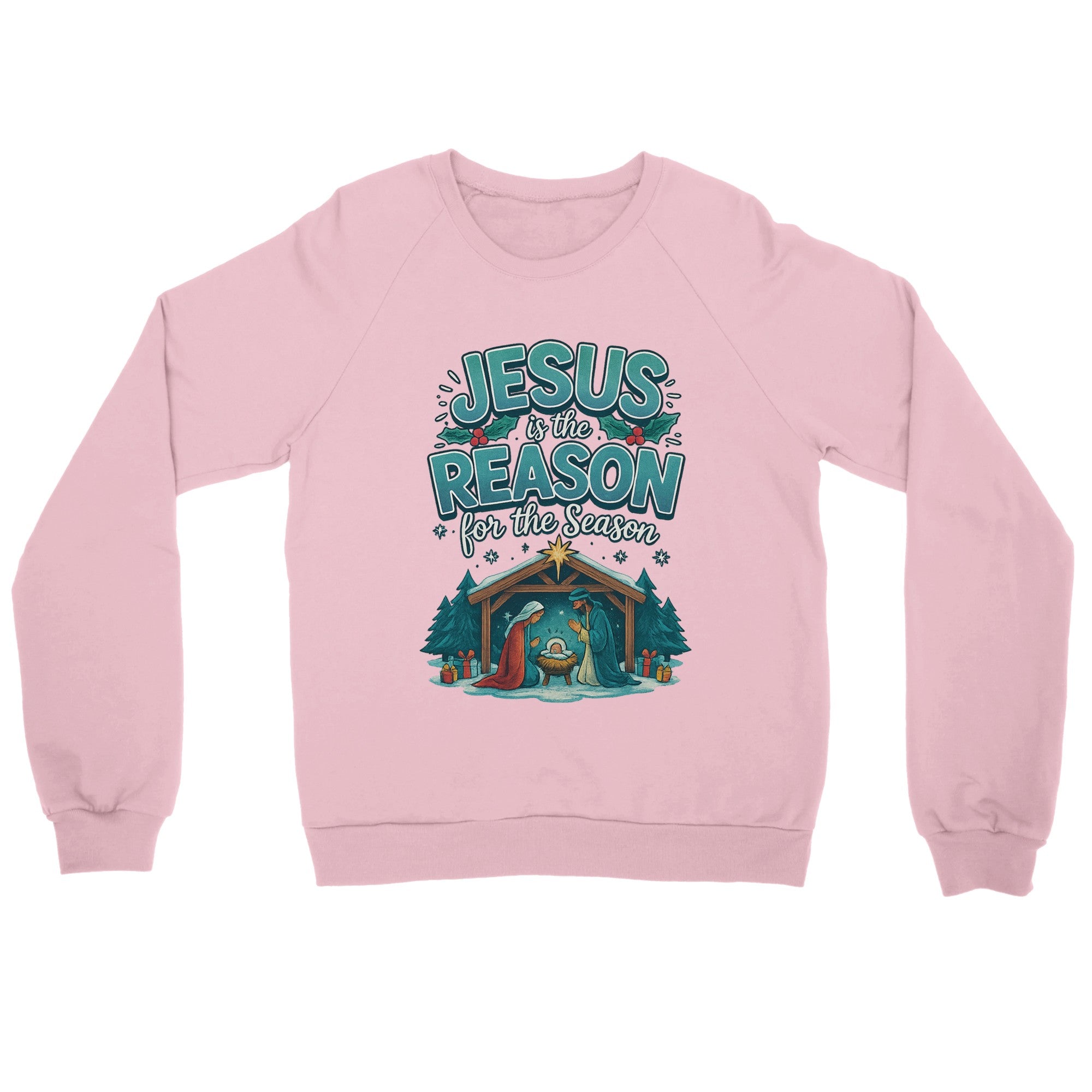 Pink sweatshirt with Christmas design and text on a white background