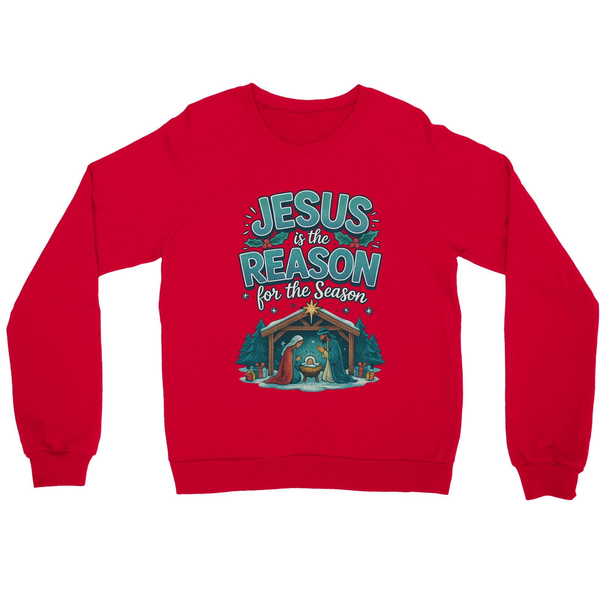 Red sweatshirt with Christmas design and text on a white background