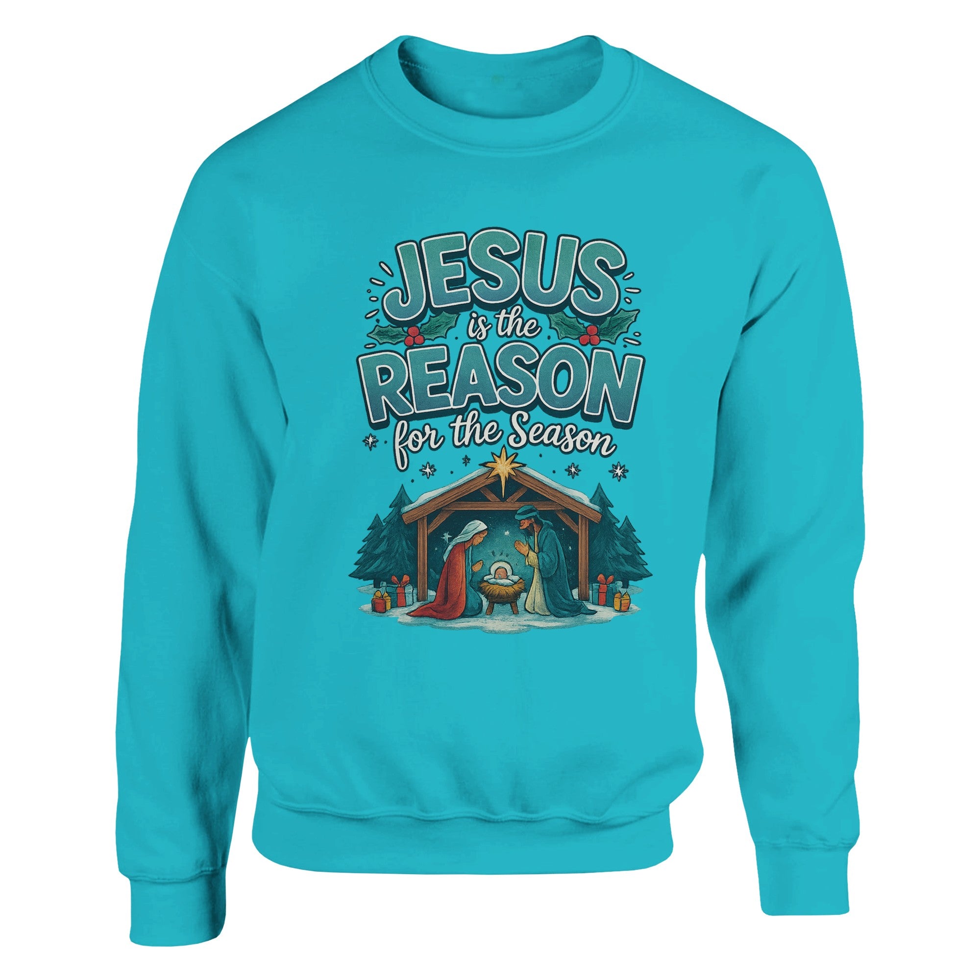 Turquoise sweatshirt with Christmas nativity scene and text on a white background