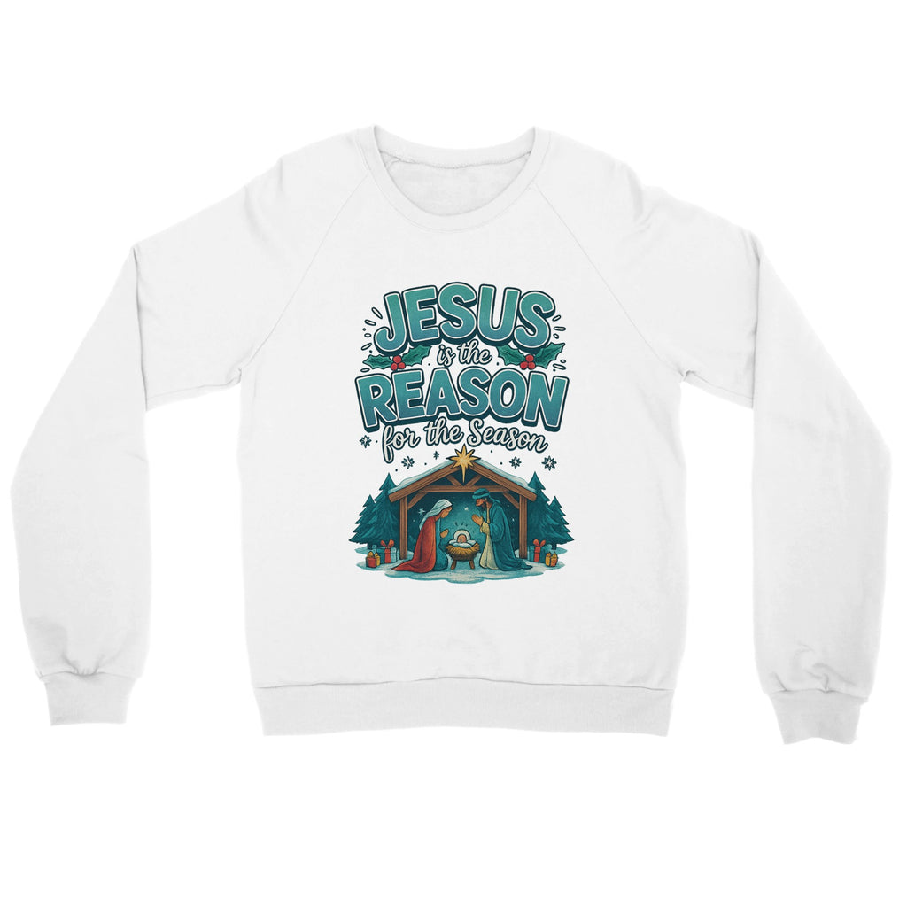 White sweatshirt with Christmas design and text on a white background