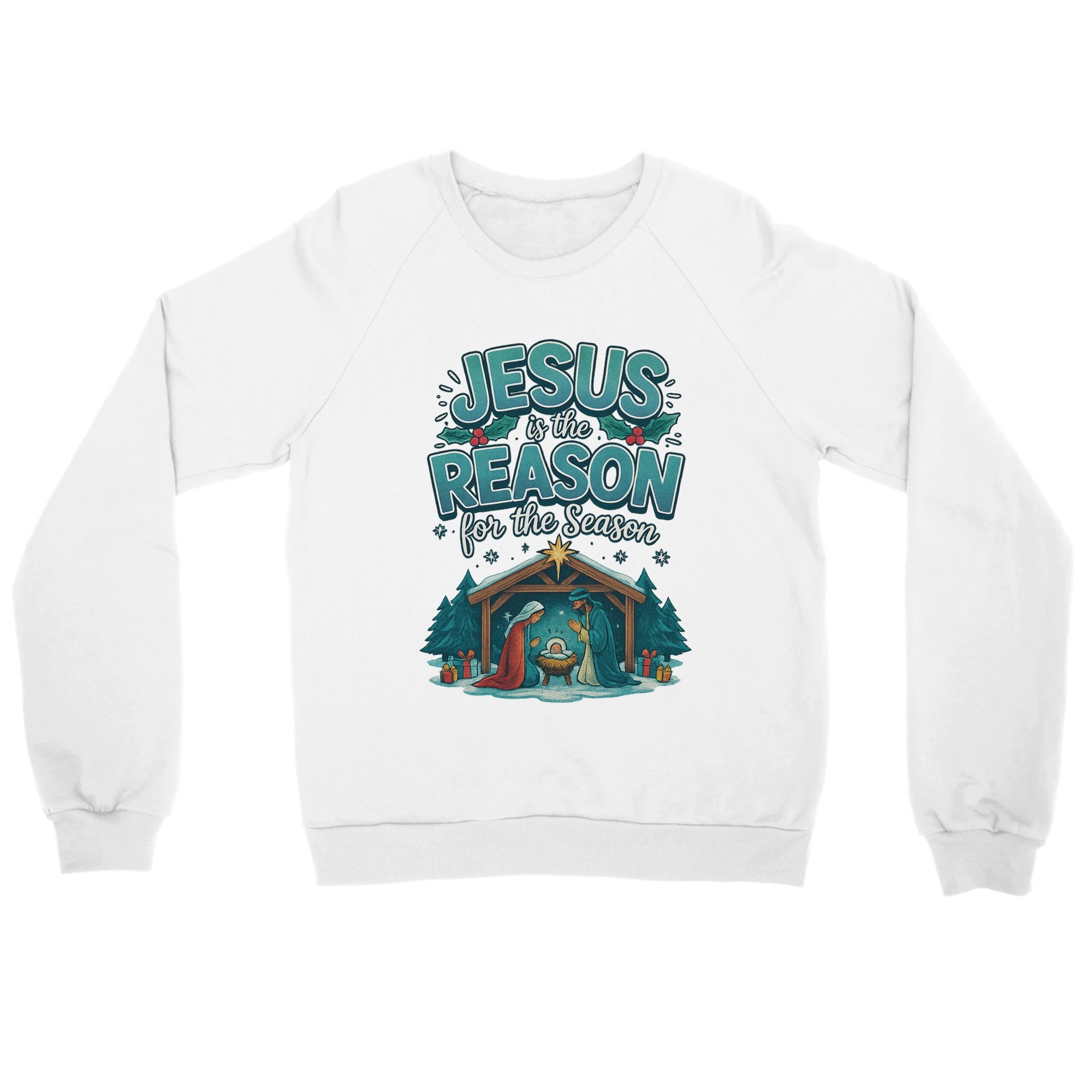 White sweatshirt with Christmas design and text on a white background