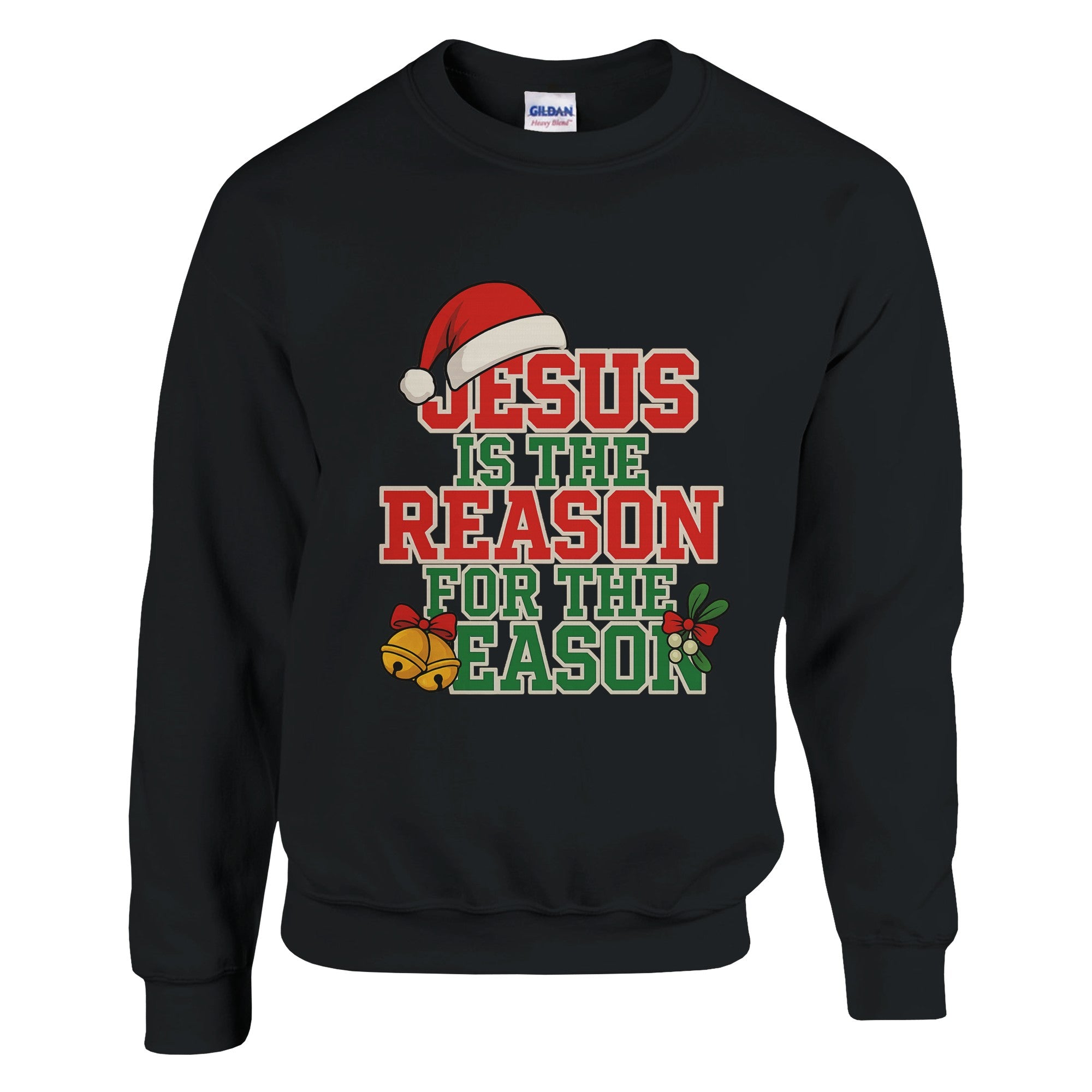 Black sweatshirt with Christmas-themed text and graphics on a white background