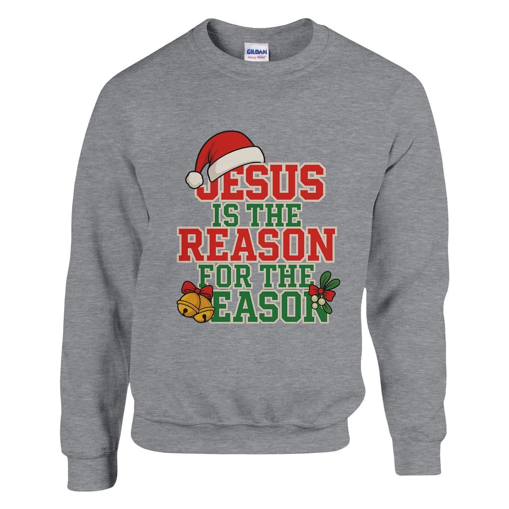 Gray sweatshirt with Christmas-themed text and graphics on a white background