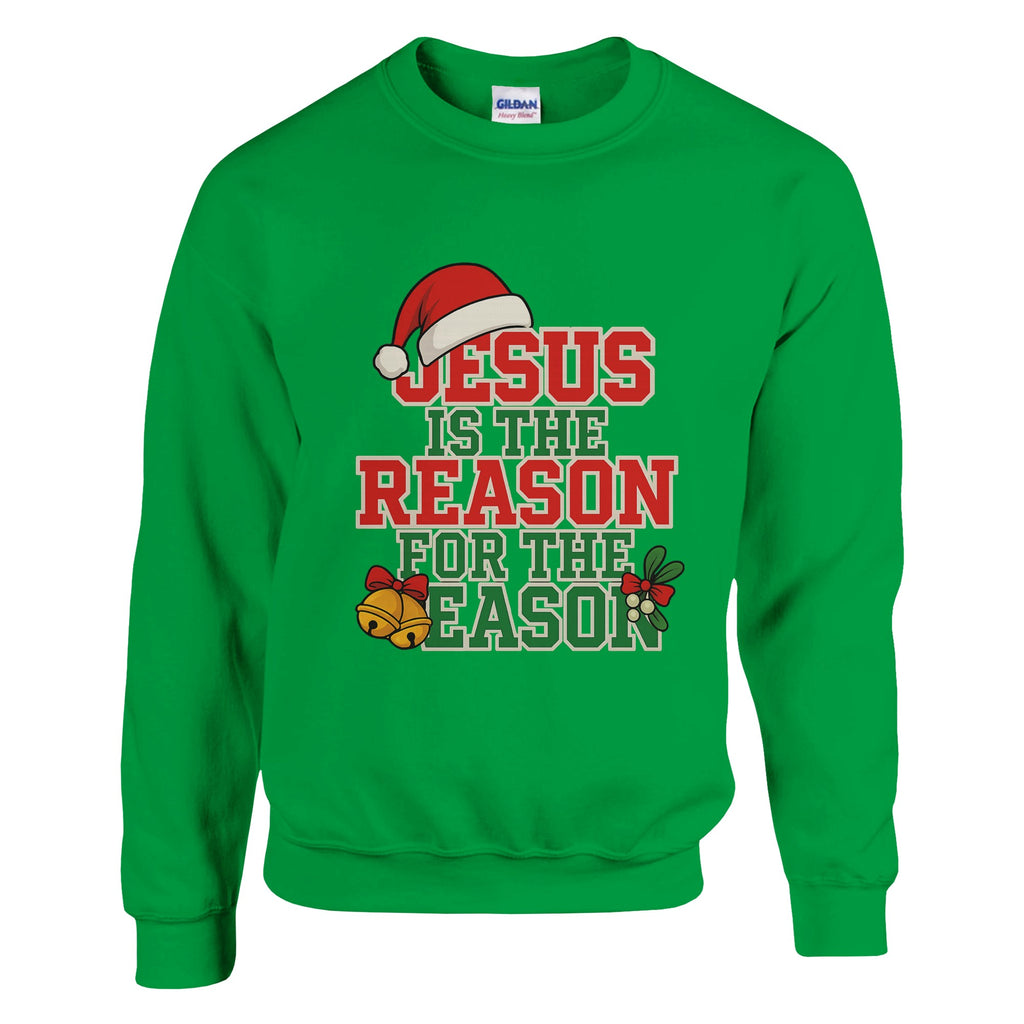 Green sweatshirt with Christmas-themed text and graphics on a white background