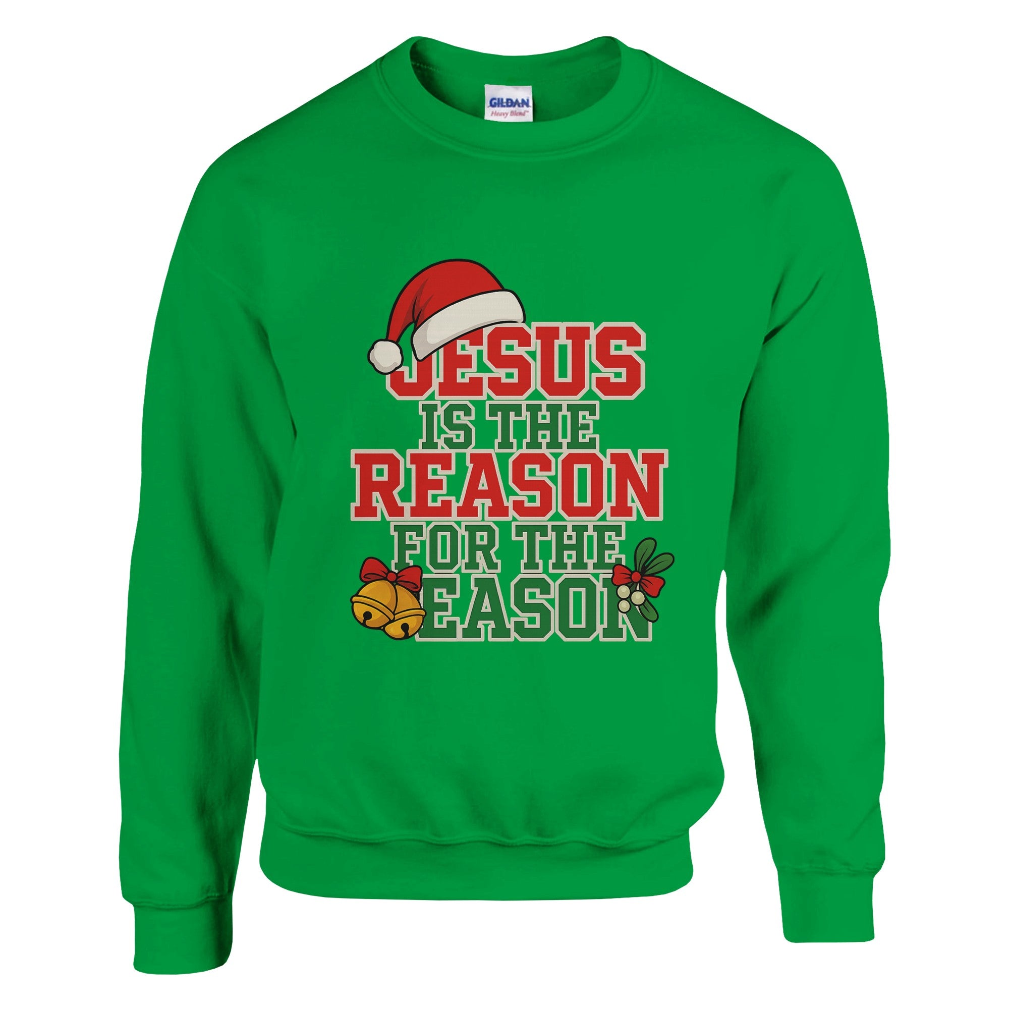 Green sweatshirt with Christmas-themed text and graphics on a white background