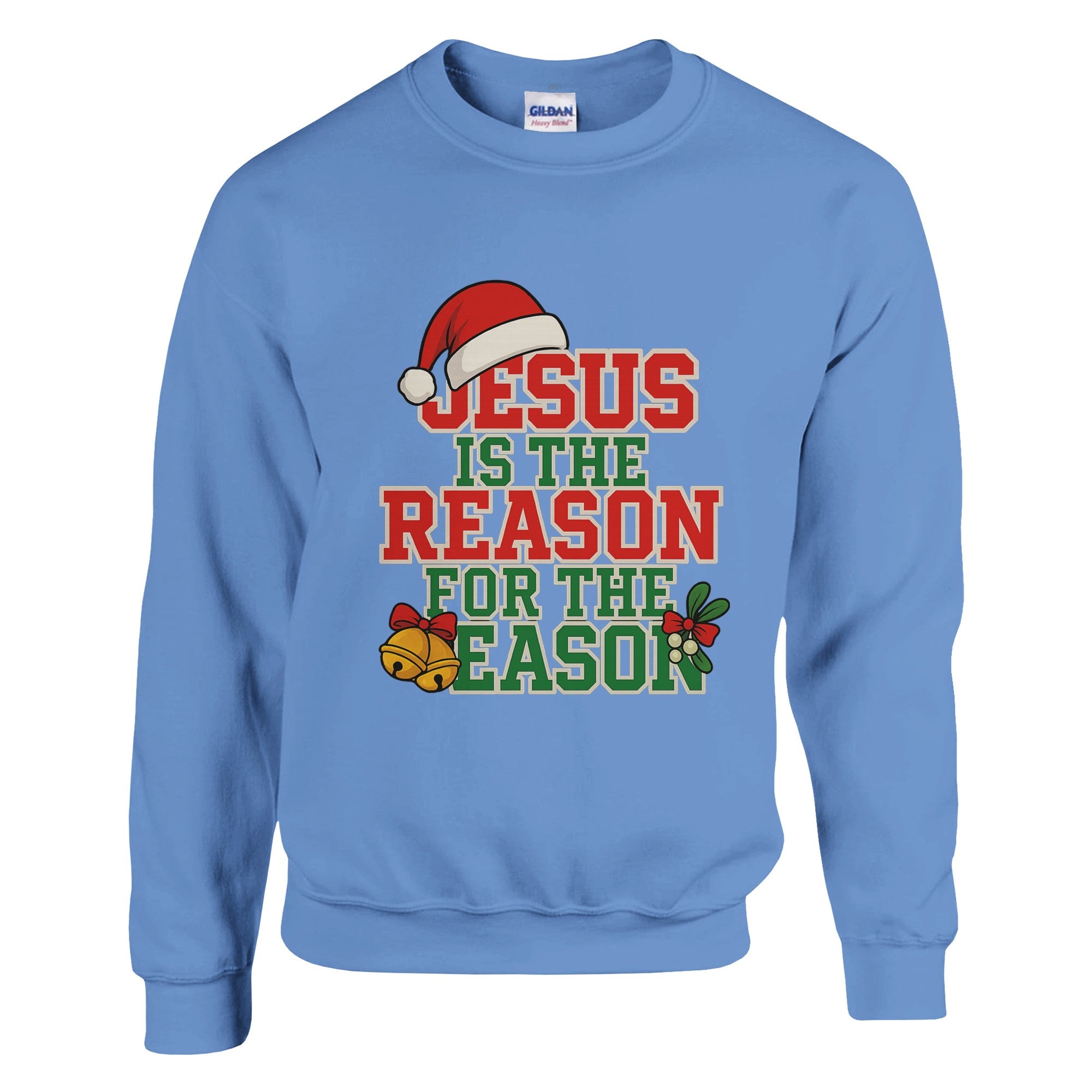 Light blue sweatshirt with Christmas-themed text and graphics on a white background