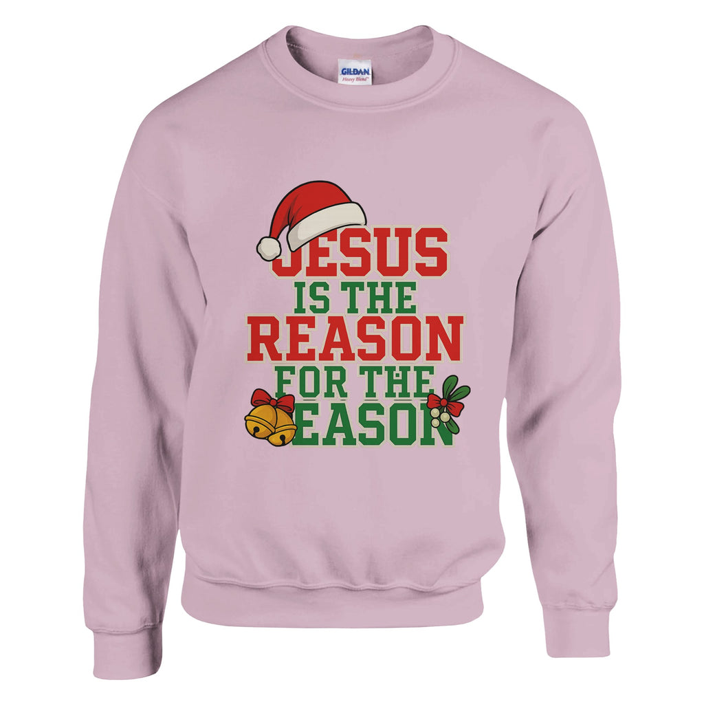 Pink sweatshirt with Christmas design and text on a white background
