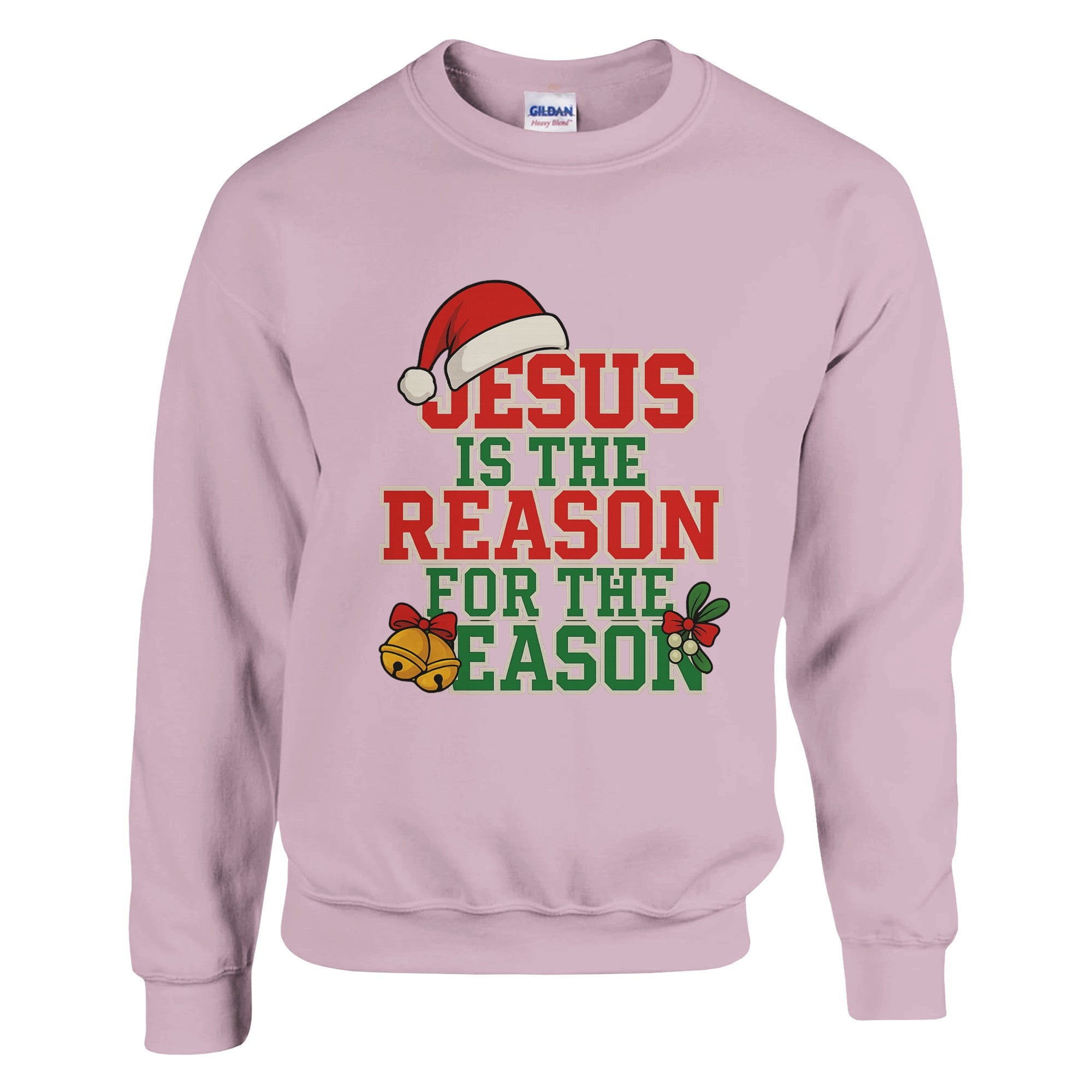 Pink sweatshirt with Christmas design and text on a white background
