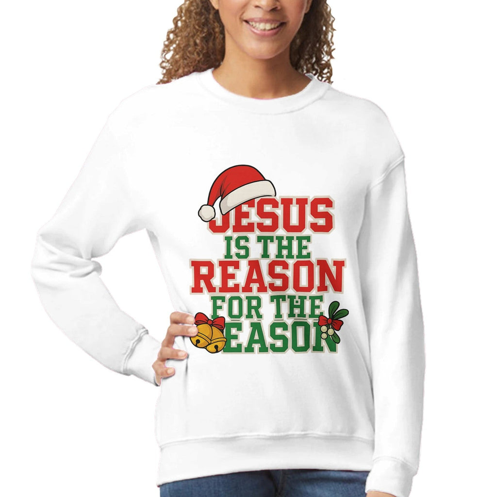 Woman wearing a white sweatshirt with Christmas-themed text and graphics on a white background