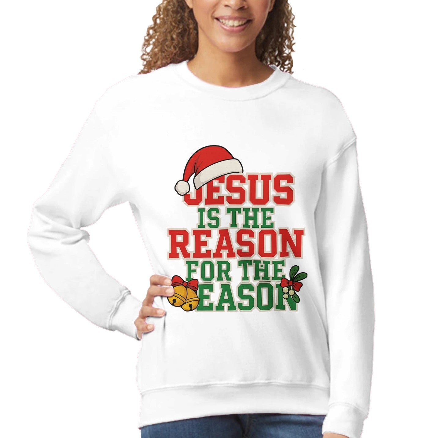 Woman wearing a white sweatshirt with Christmas-themed text and graphics on a white background