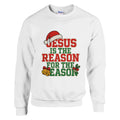White sweatshirt with Christmas-themed text and graphics on a white background