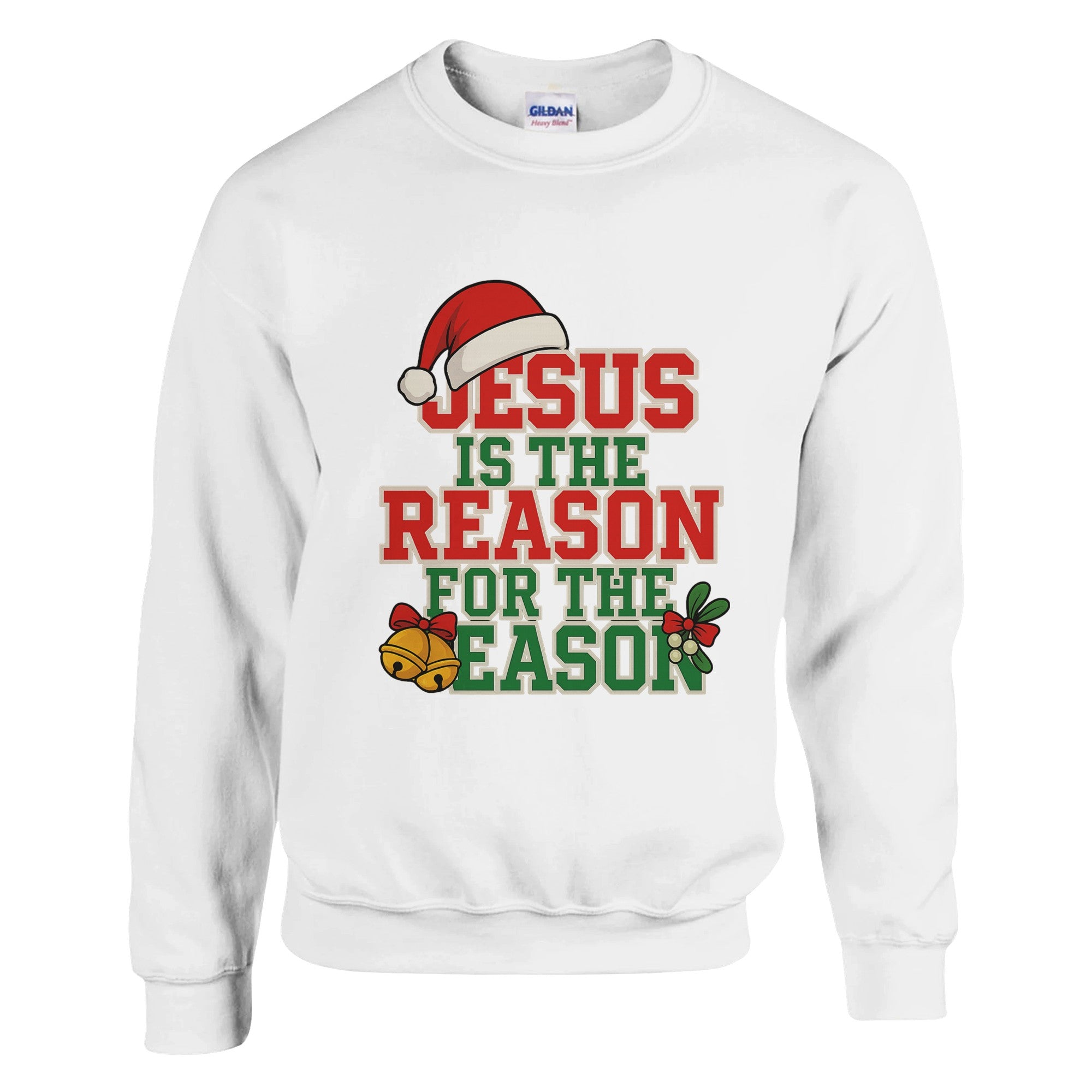 White sweatshirt with Christmas-themed text and graphics on a white background