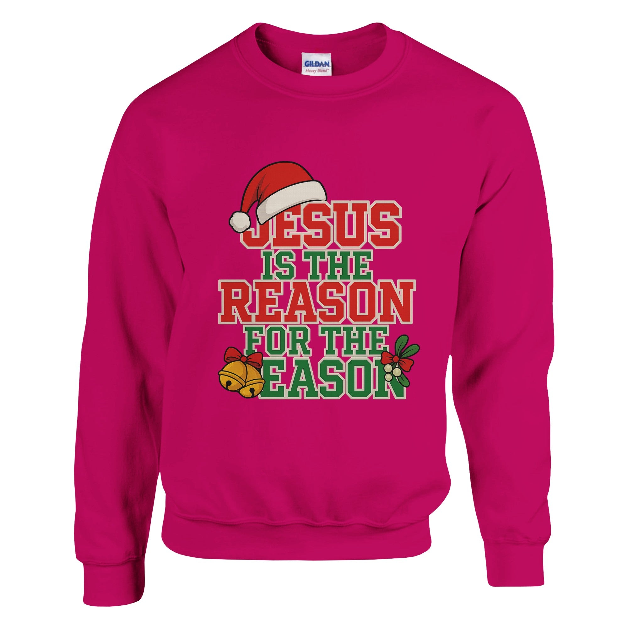 Pink sweatshirt with Christmas-themed text and graphics on a white background