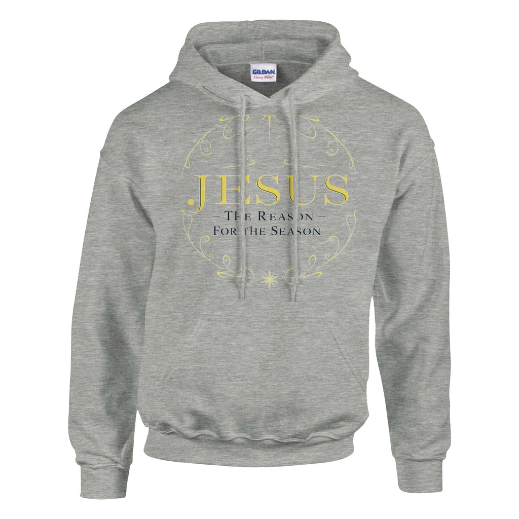 Gray hoodie with 'Jesus: The Reason for the Season' text on a white background