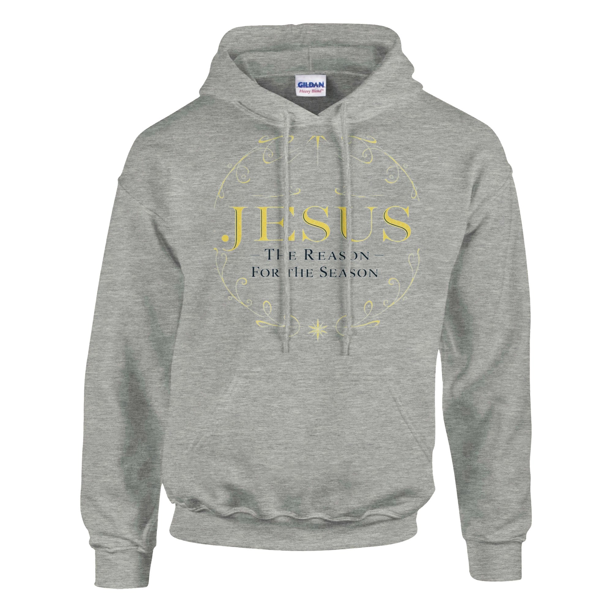 Gray hoodie with 'Jesus: The Reason for the Season' text on a white background