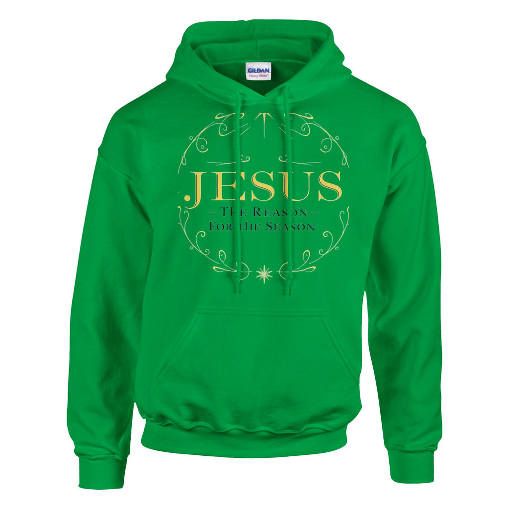 Green hoodie with 'Jesus is the Reason for the Season' text on a white background