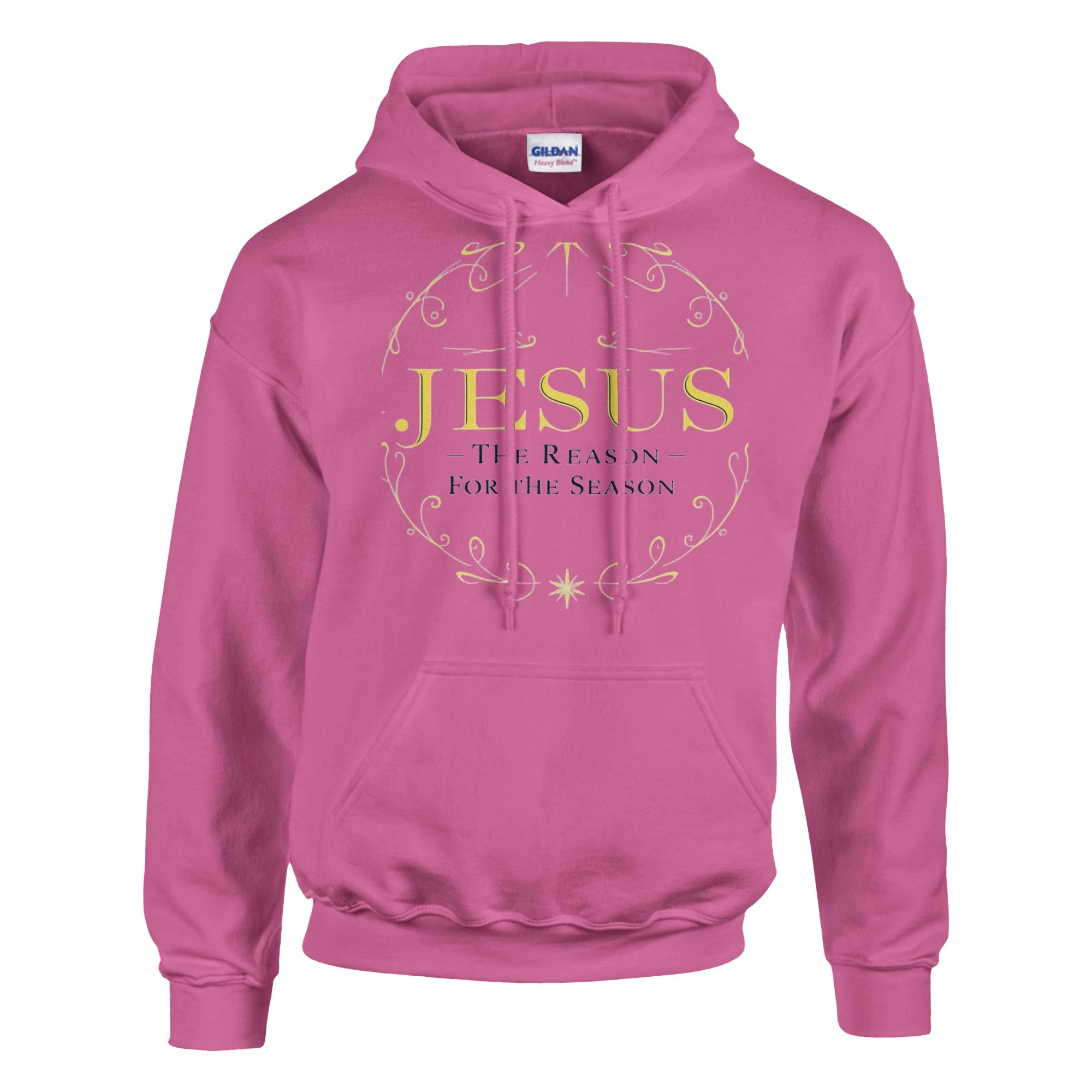 Pink hoodie with 'Jesus The Reason For The Season' text on a white background