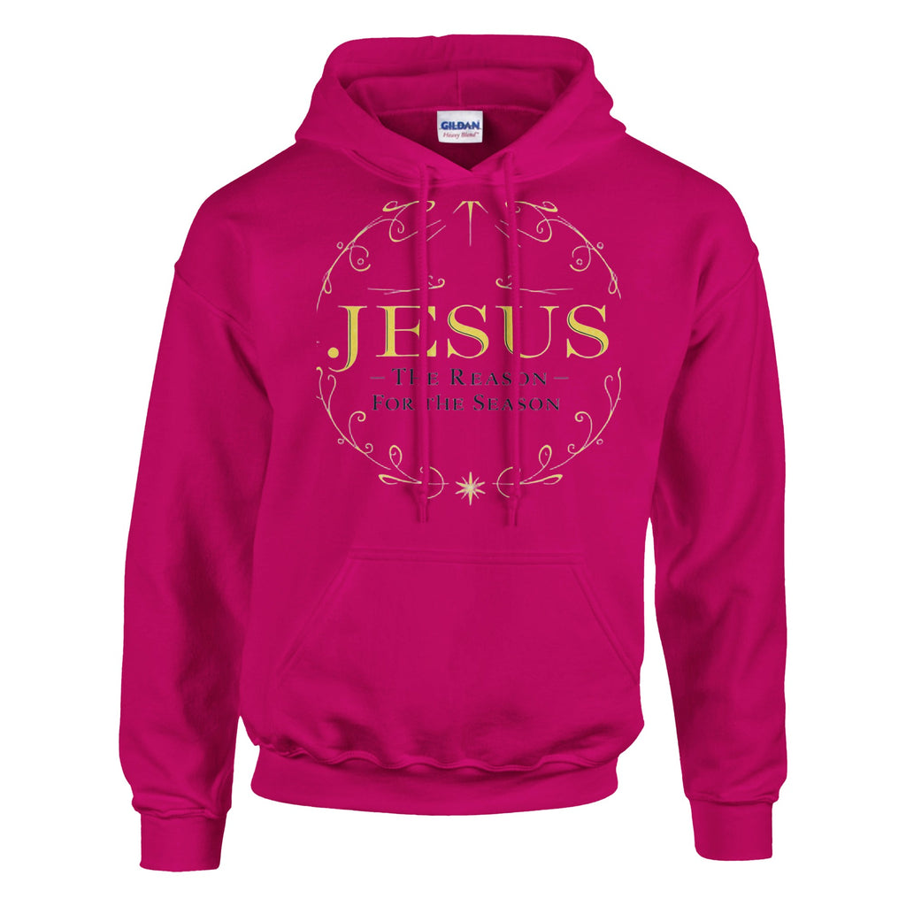 Pink hoodie with 'Jesus' text on a white background