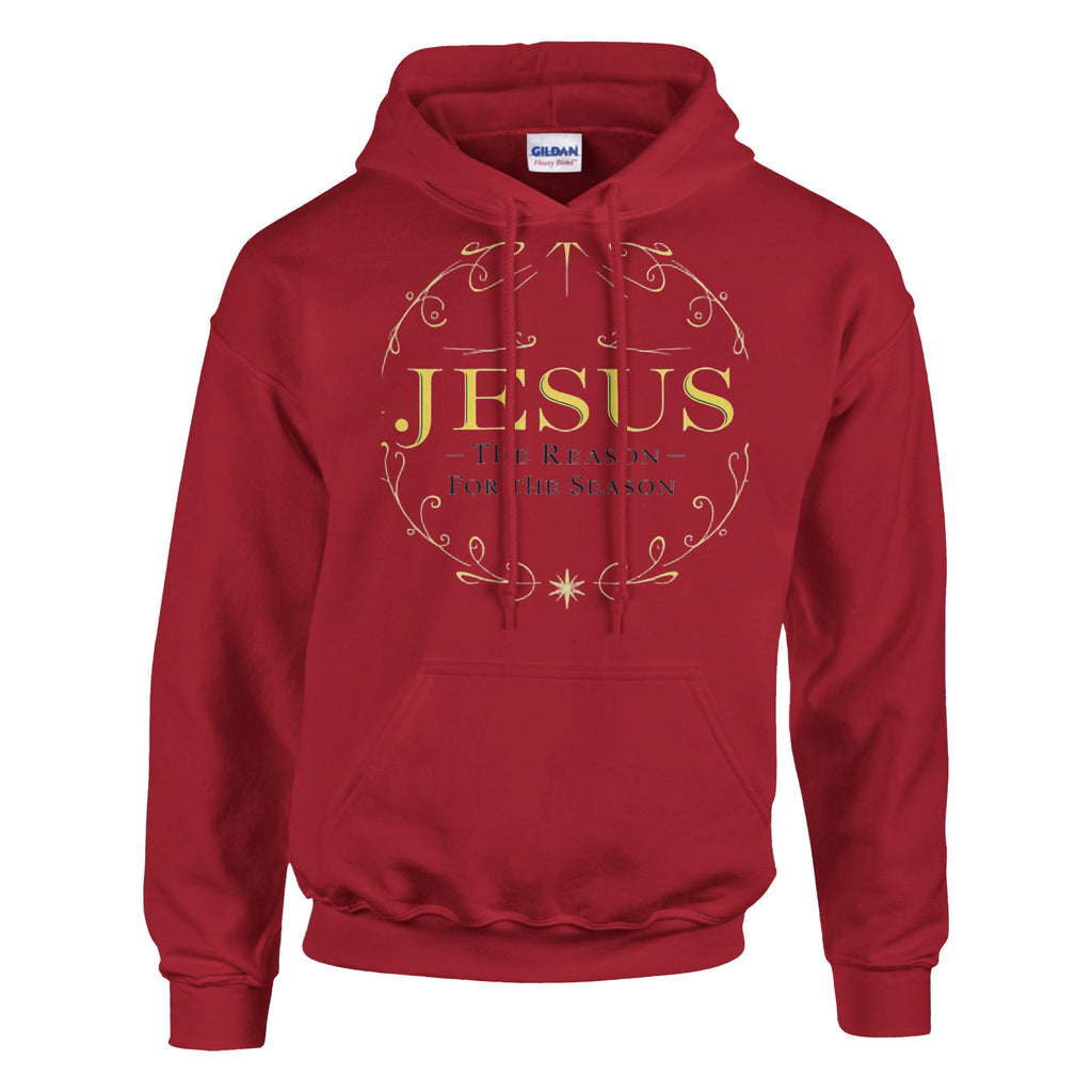 Red hoodie with 'Jesus' text on a white background