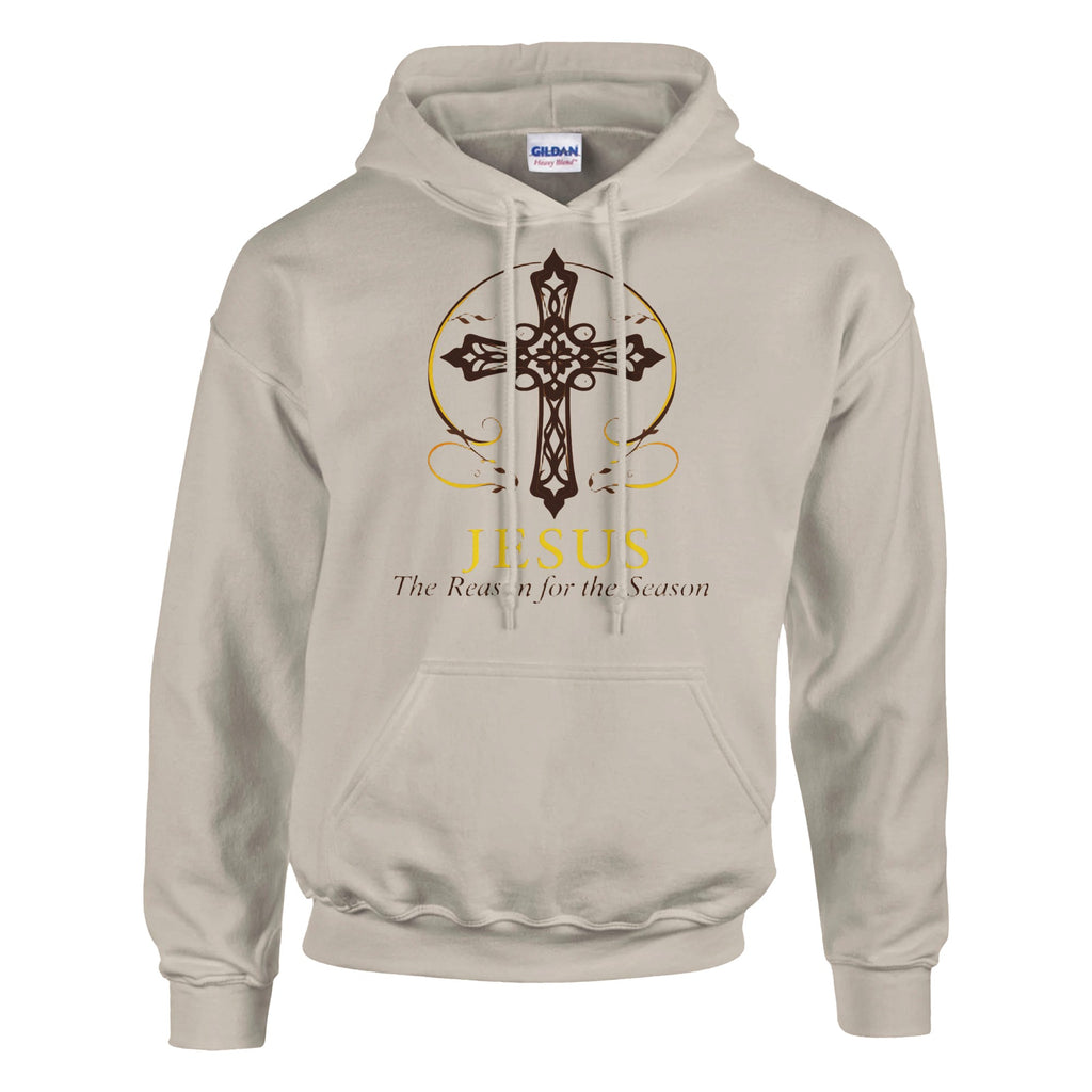 Beige hoodie with a cross design and text on a white background