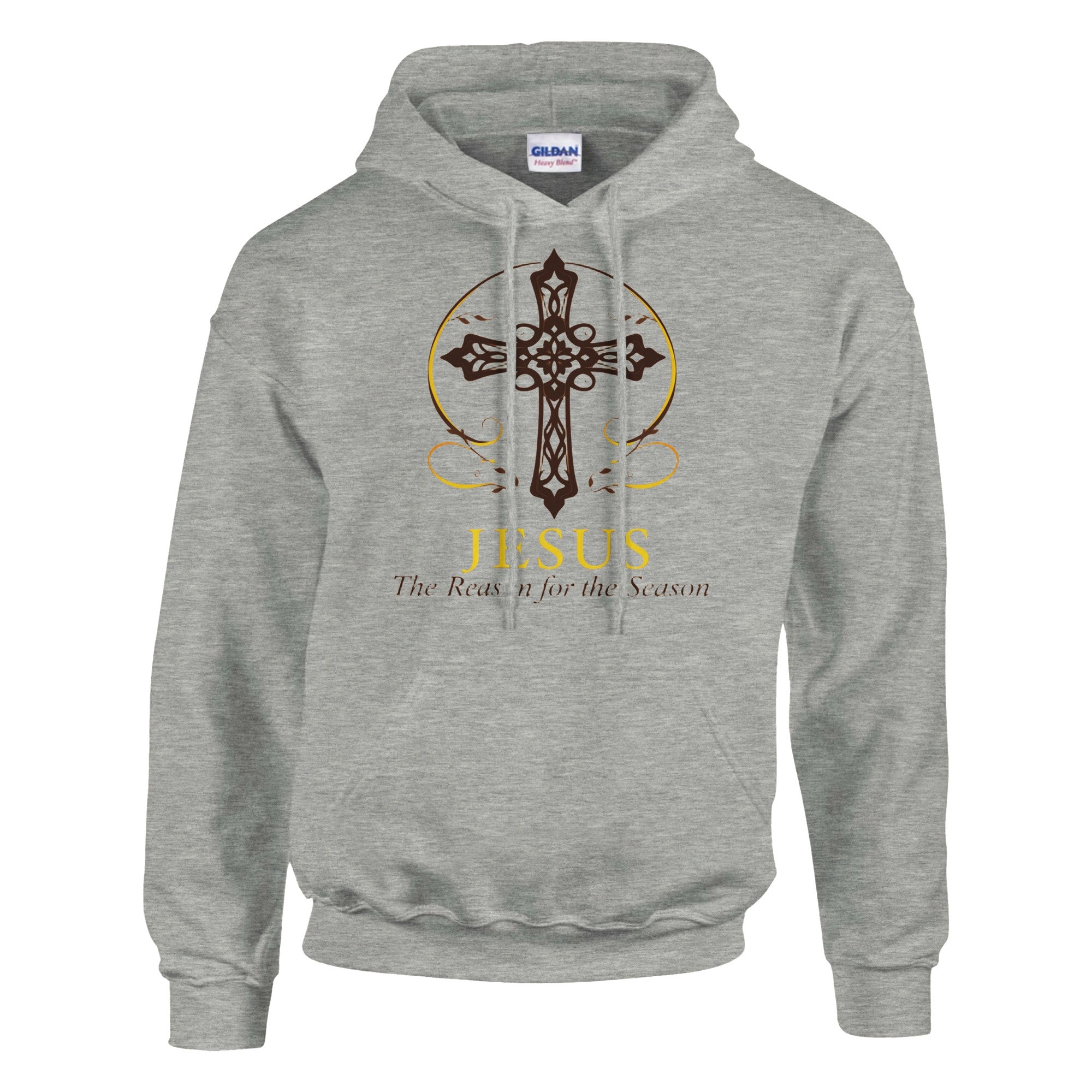 Gray hoodie with a cross design and text on a white background