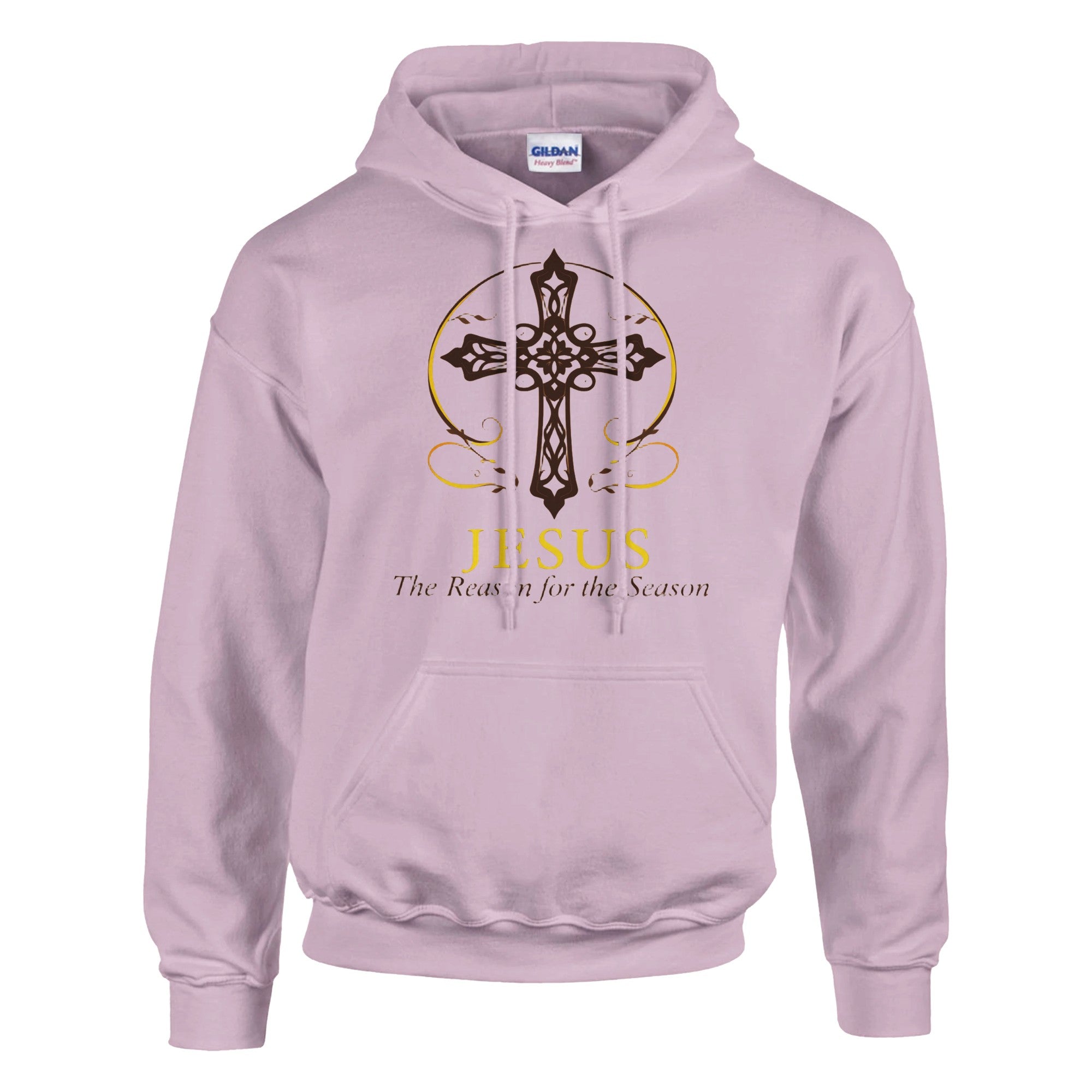Light purple hoodie with a cross design and text on a white background