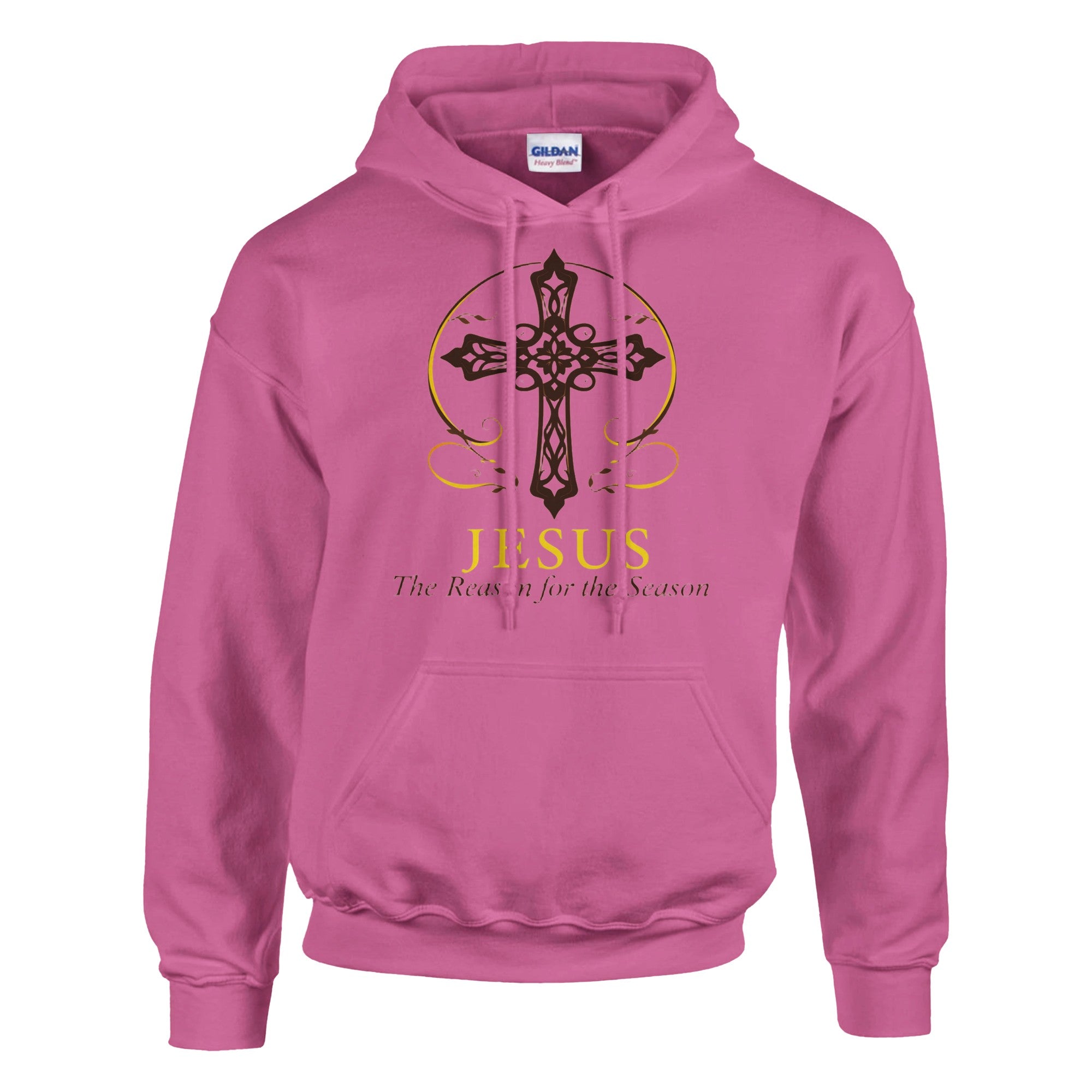 Pink hoodie with a cross design and text on a white background