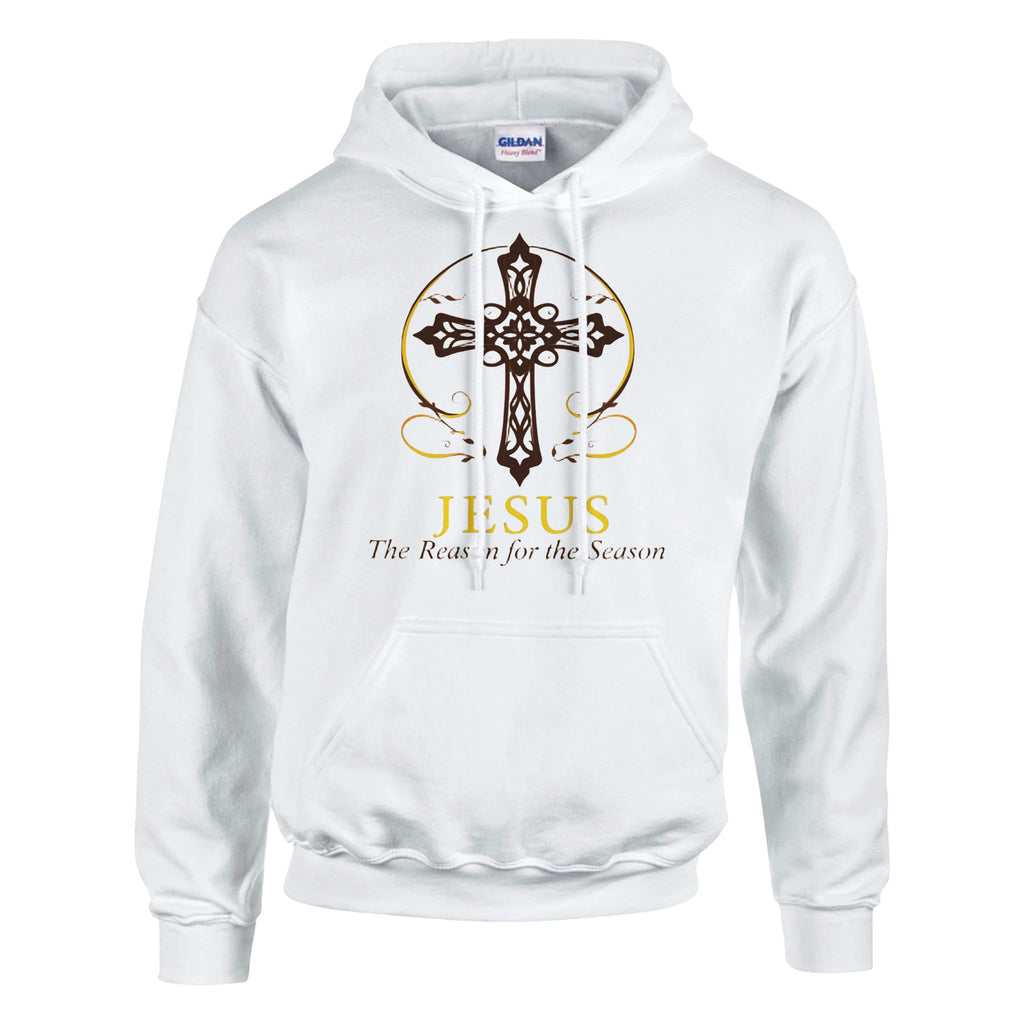 White hoodie with a cross design and text on a white background