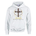 White hoodie with a cross design and text on a white background