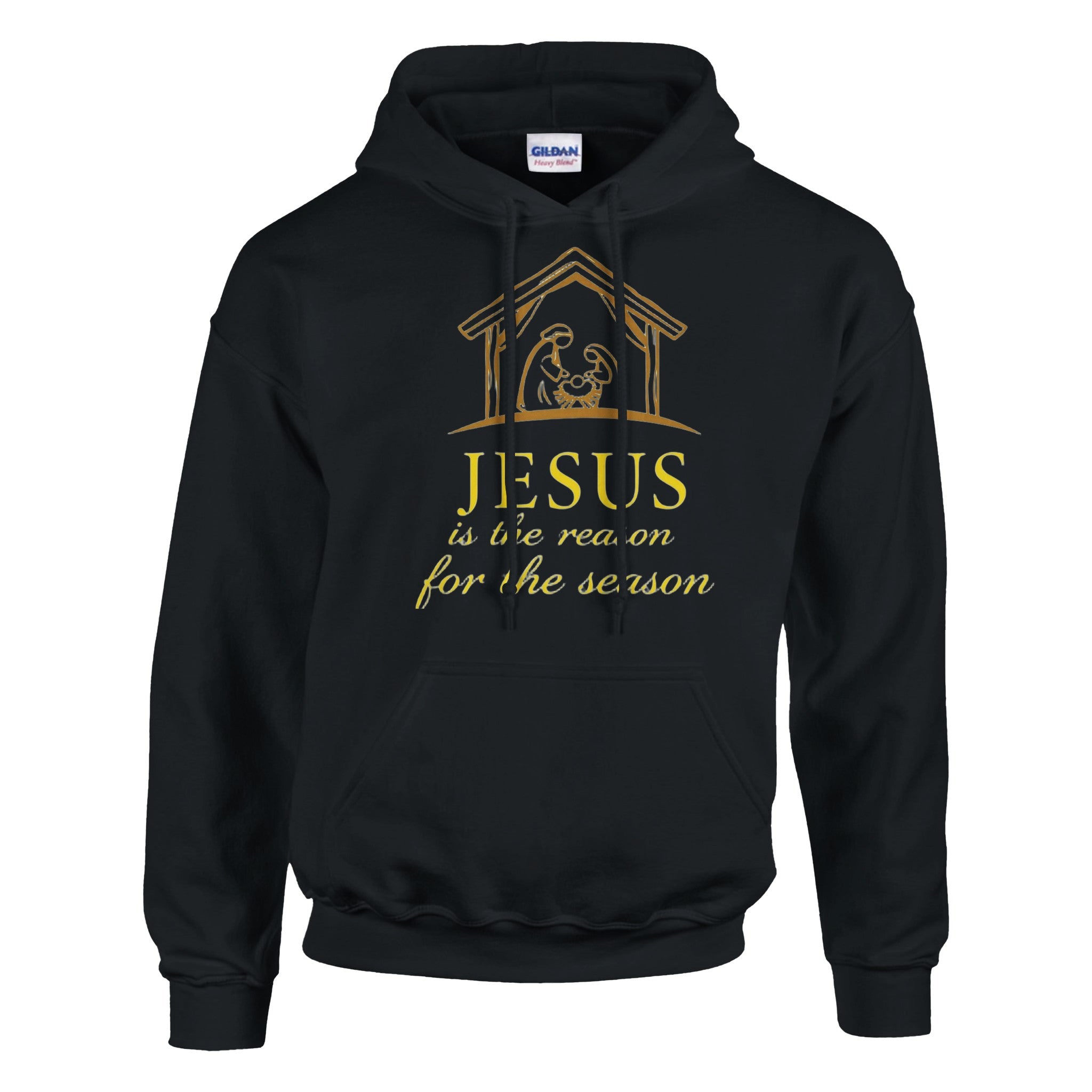 Black hoodie with gold nativity scene and text on a white background