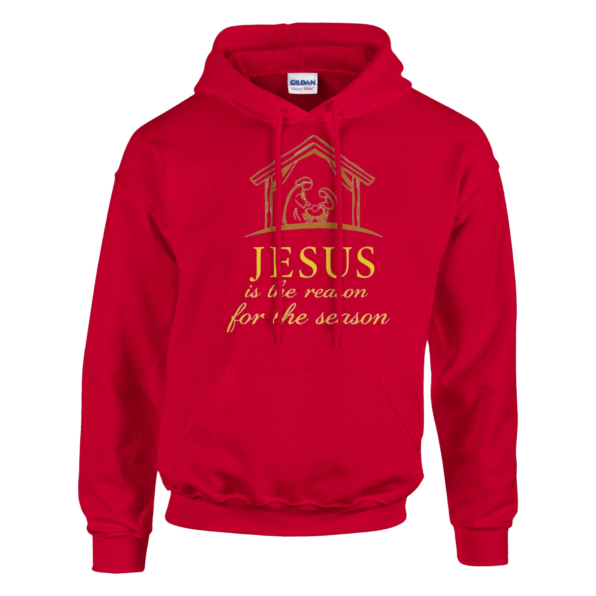 Red hoodie with gold Christmas design and text on a white background