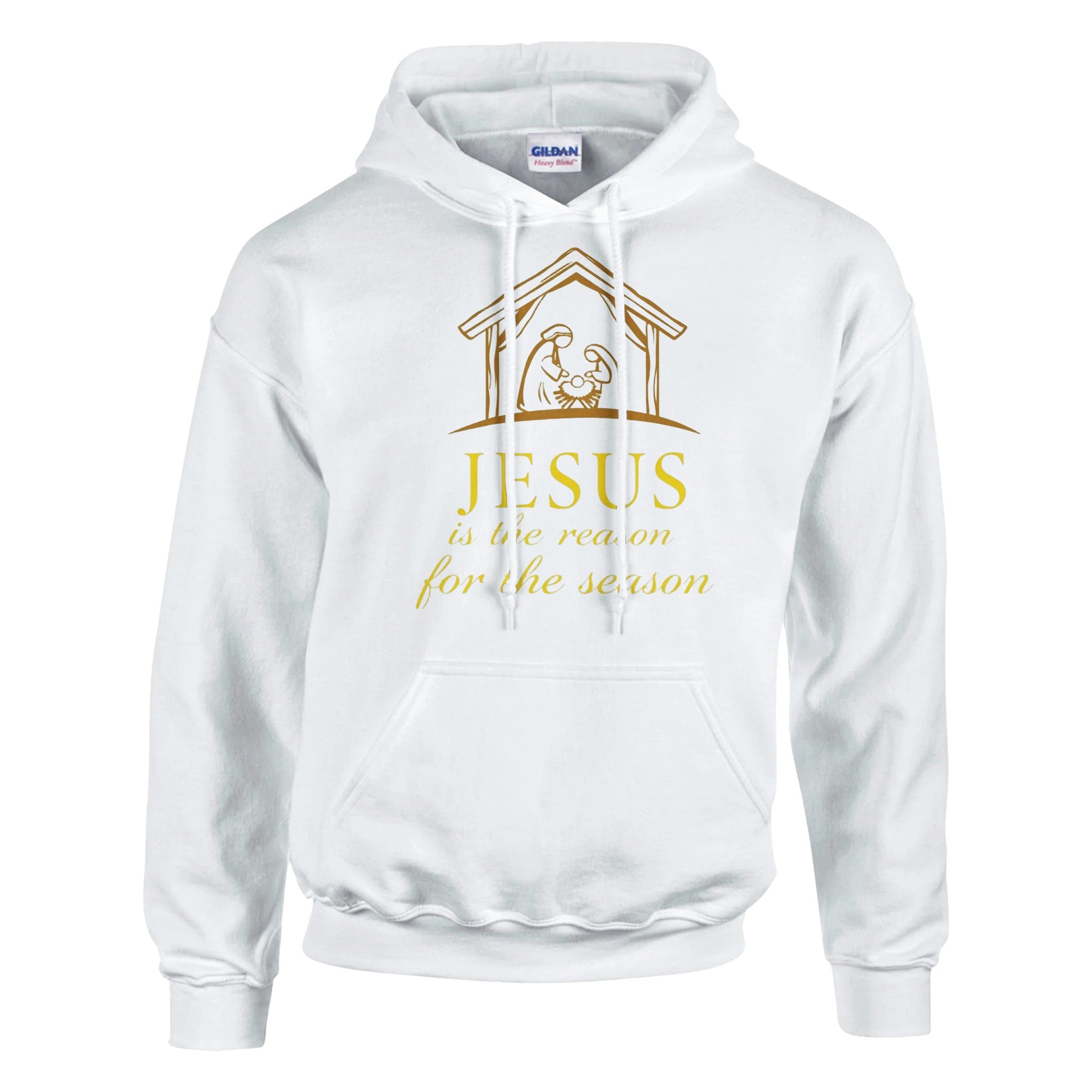 White hoodie with gold nativity design and text on a white background