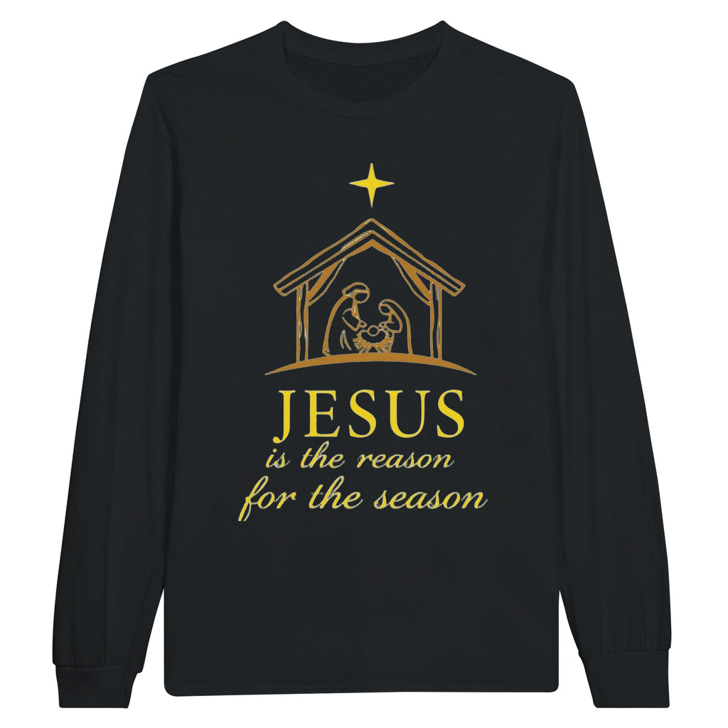 Black long-sleeve shirt with gold nativity scene and text on a white background