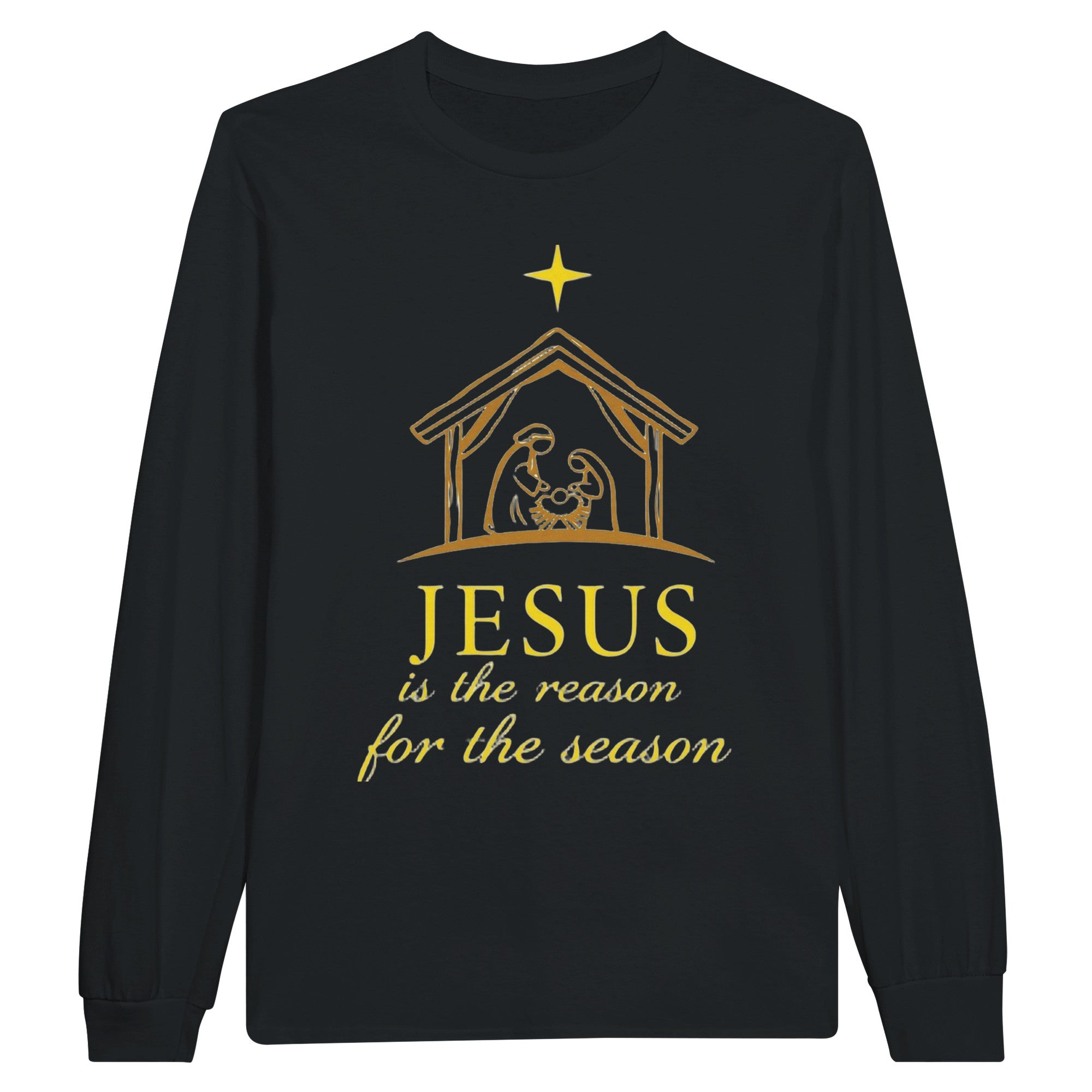 Black long-sleeve shirt with gold nativity scene and text on a white background