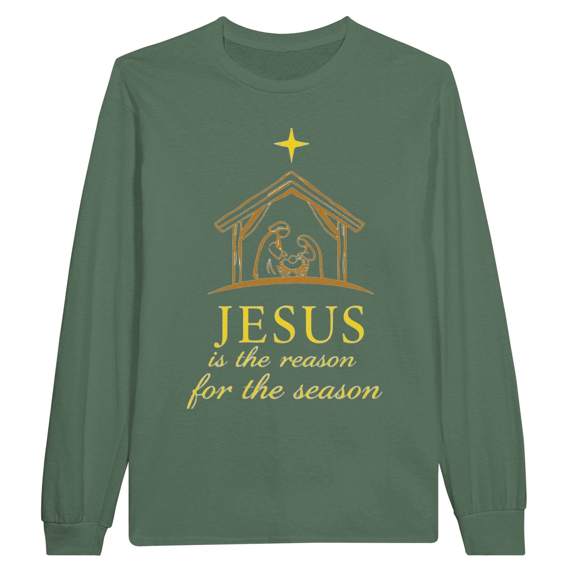 Green long-sleeve shirt with nativity scene and 'Jesus is the reason for the season' text on a white background