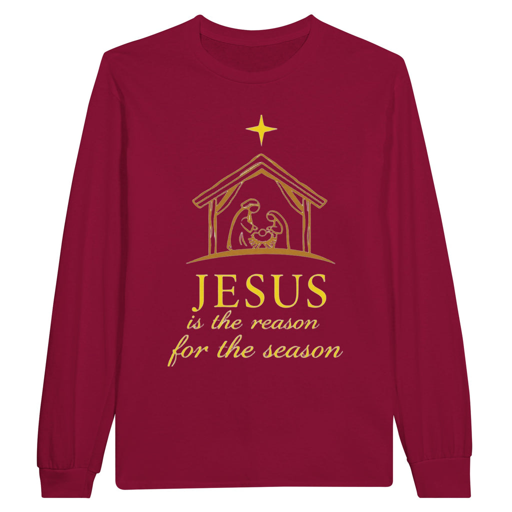 Maroon long-sleeve shirt with gold nativity scene and text on a white background