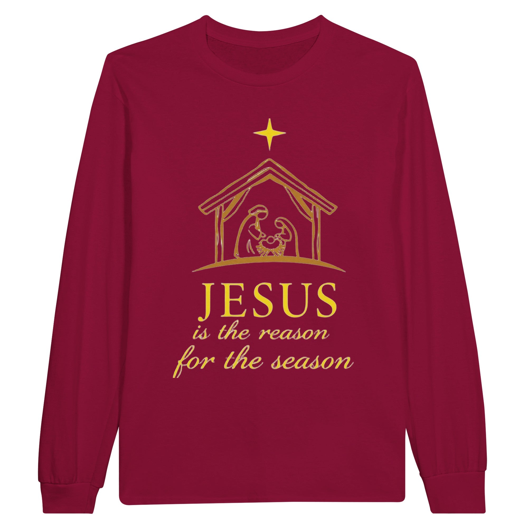 Maroon long-sleeve shirt with gold nativity scene and text on a white background